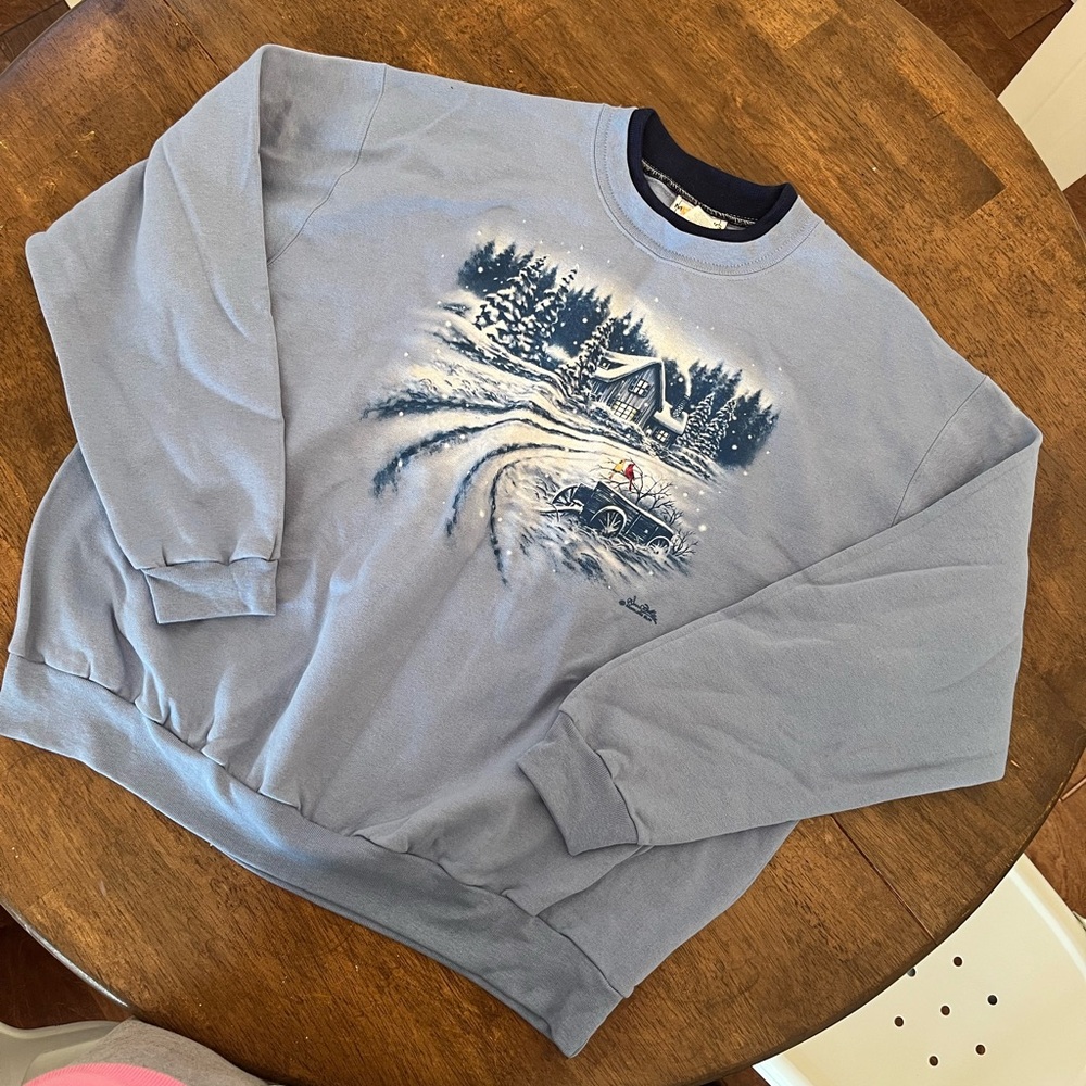 vintage 90s morning sun Winter Scene graphic Blue crewneck Sweater